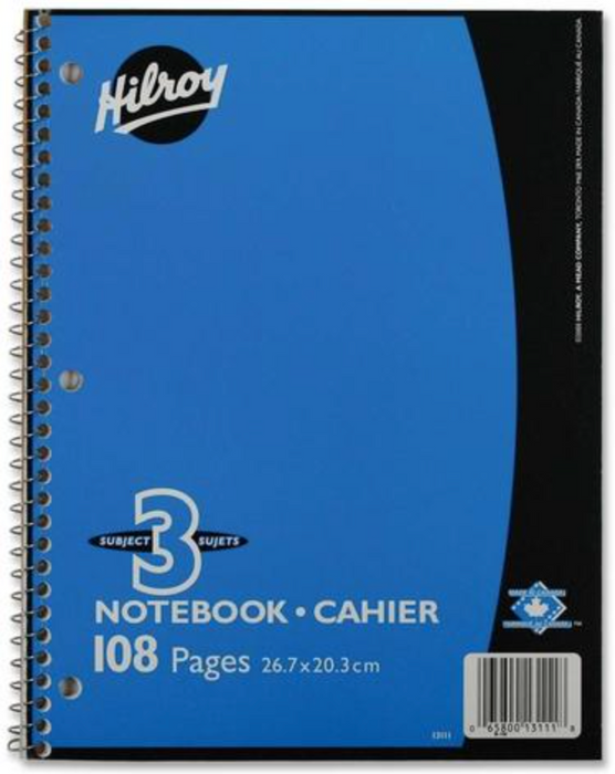 3 Subject Hilroy Notebook 8 1/2 x 11 - 108 Pages